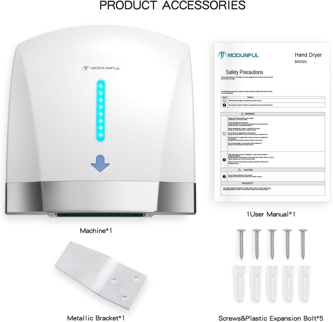modunful Hand Dryer Wall Mounted Touchless Low Noise 40db