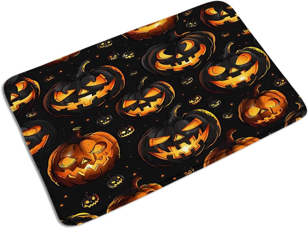 Spooky Halloween Bath Mat with Black Orange Ghosts