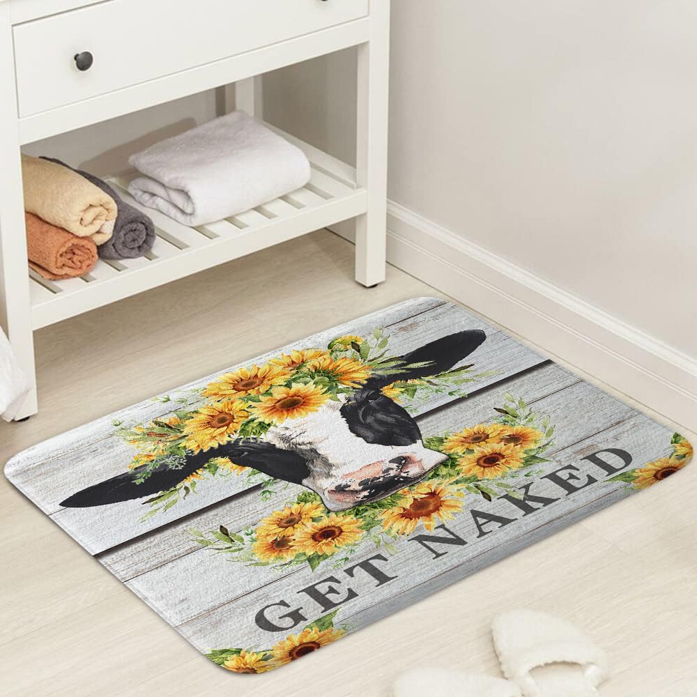 JAWO Farmhouse Wooden Cow Bath Rug Set - Rustic Sunflower Design