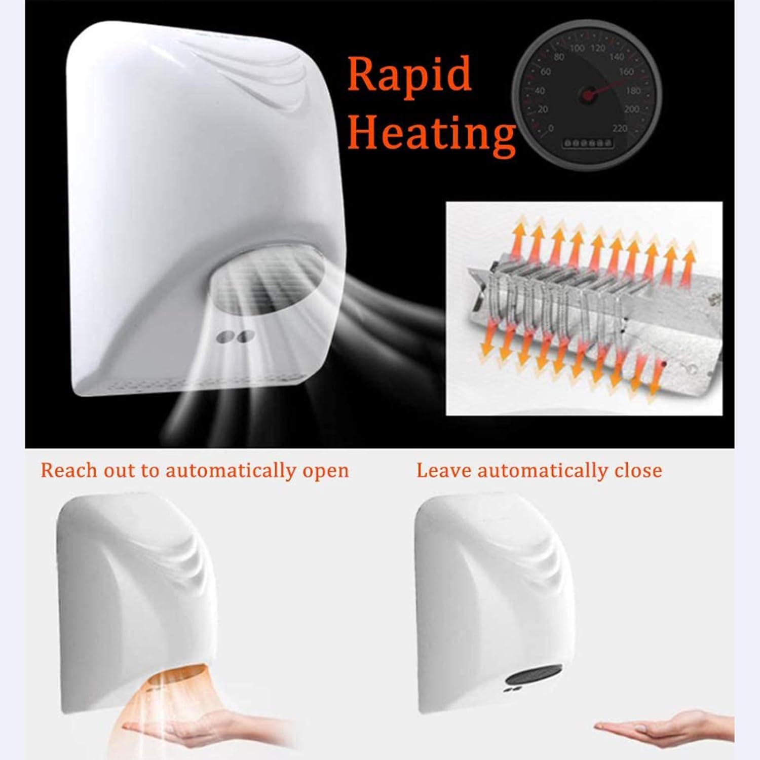 Commercial Touchless Hand Dryer 1250W White ABS Eco-Friendly