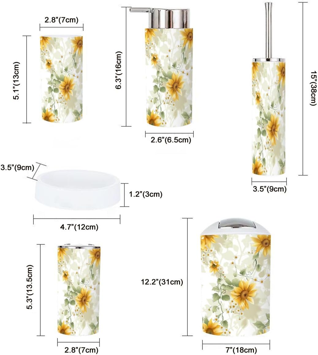 Boho Bathroom Accessory Set 6 Piece with Sunflowers Vines Daisies