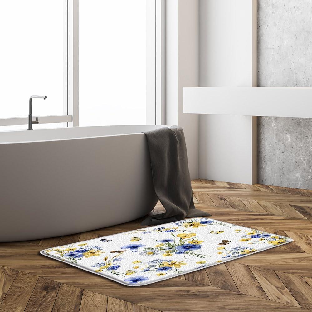 GCTNBJL Yellow Blue Flower Bath Mat Rustic