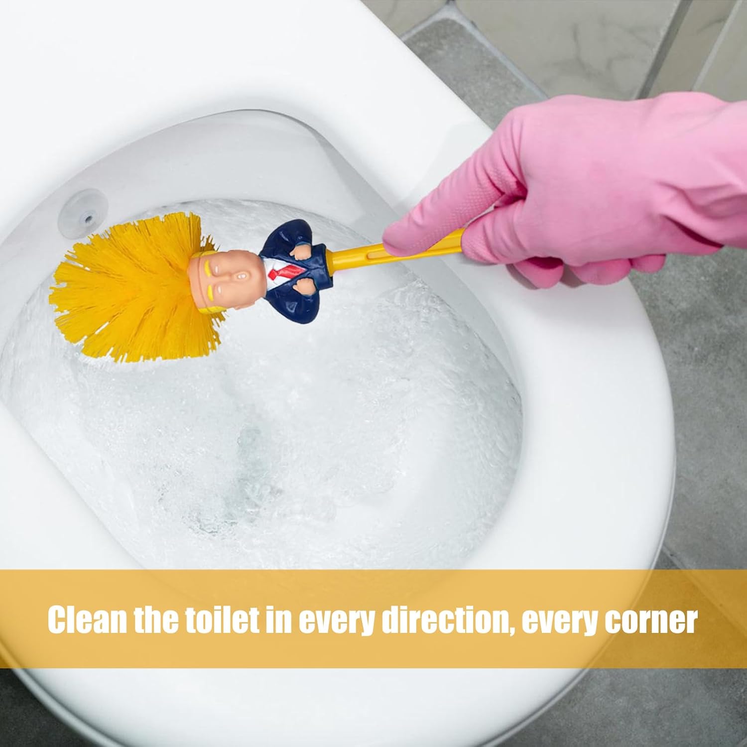 Donald Trump Toilet Brush with Holder Cleaning Set - Funny Bathroom Gift Yellow