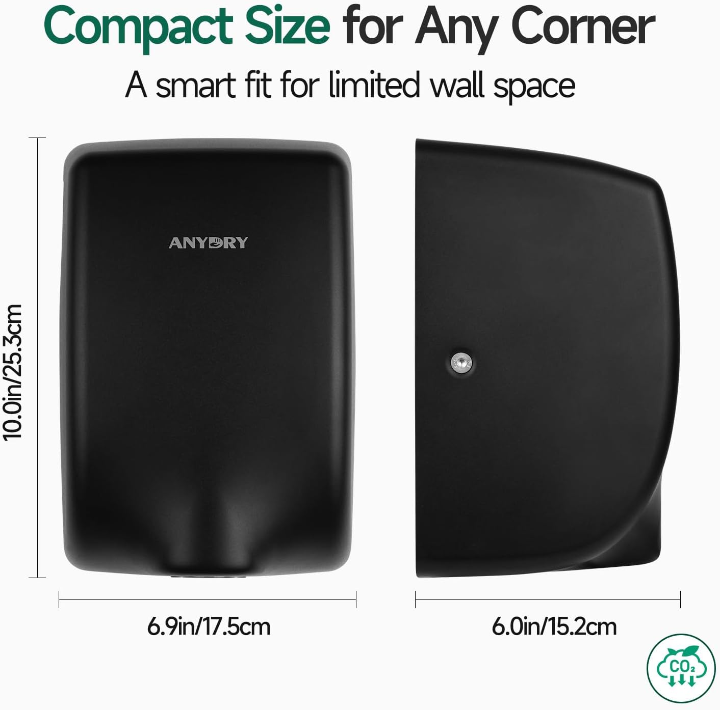 Anydry Compact Hand Dryer with 1350W Power and Matte Black Finish
