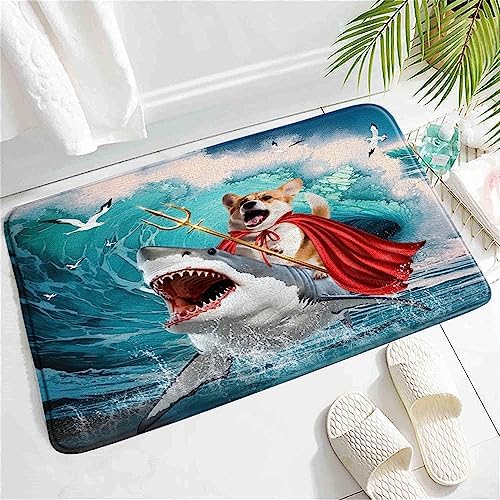 SATRTUD Nautical Animal Bath Mat Funny Dog on Shark with Blue Waves