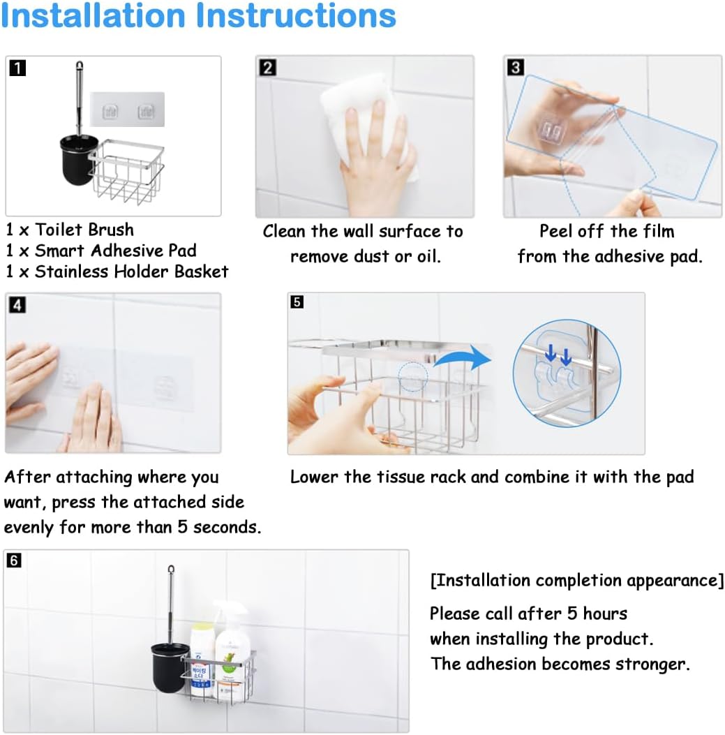 FLYBOT Toilet Brush Scrubber Cleaner with Adhesive Holder and Chrome Basket