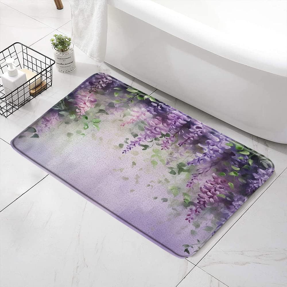 SATRTUD Purple Floral Lavender Bath Mat 24x16 Inch Non-Slip