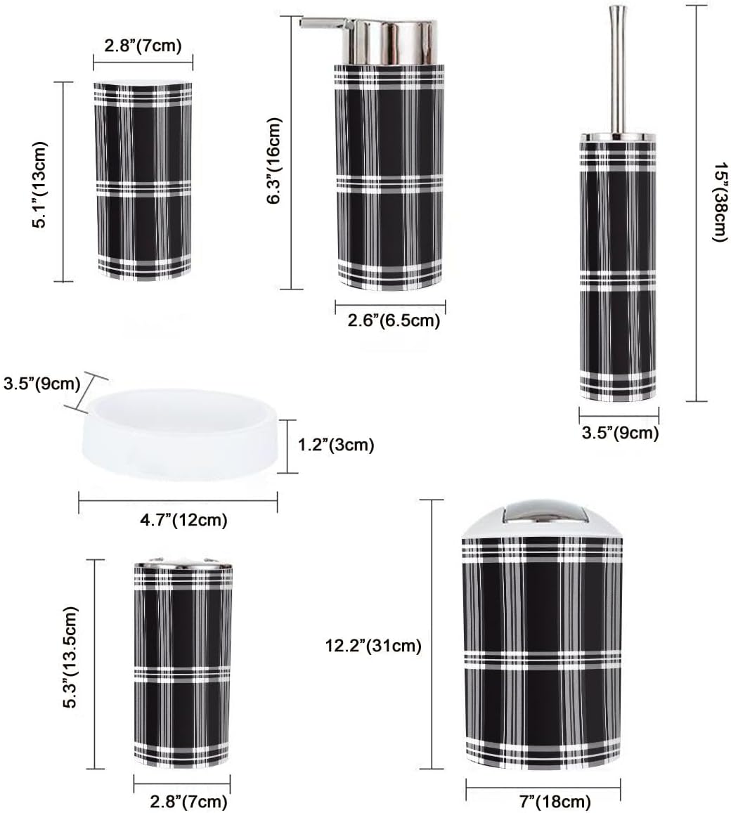 Boho Bathroom Accessory Set 6 Piece Black White Plaid