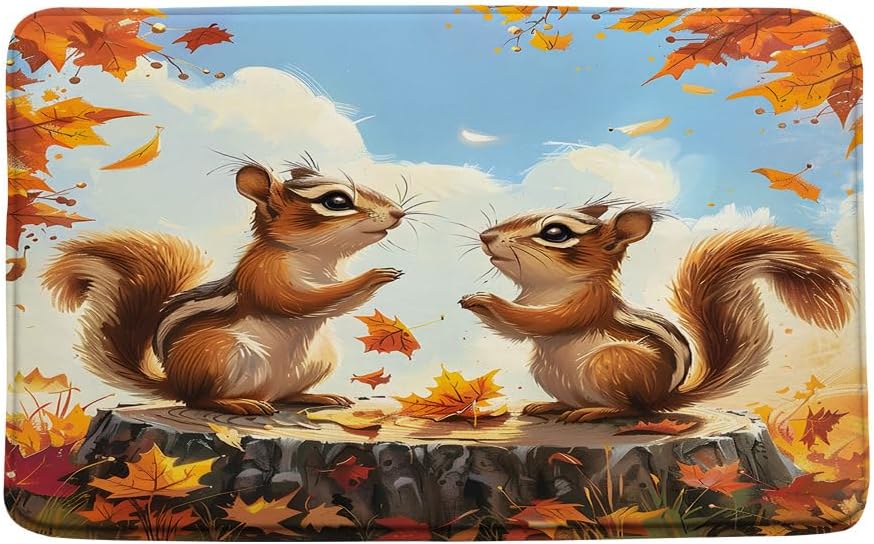 Fall Squirrel Bath Mat Autumn Maple Leaf Design