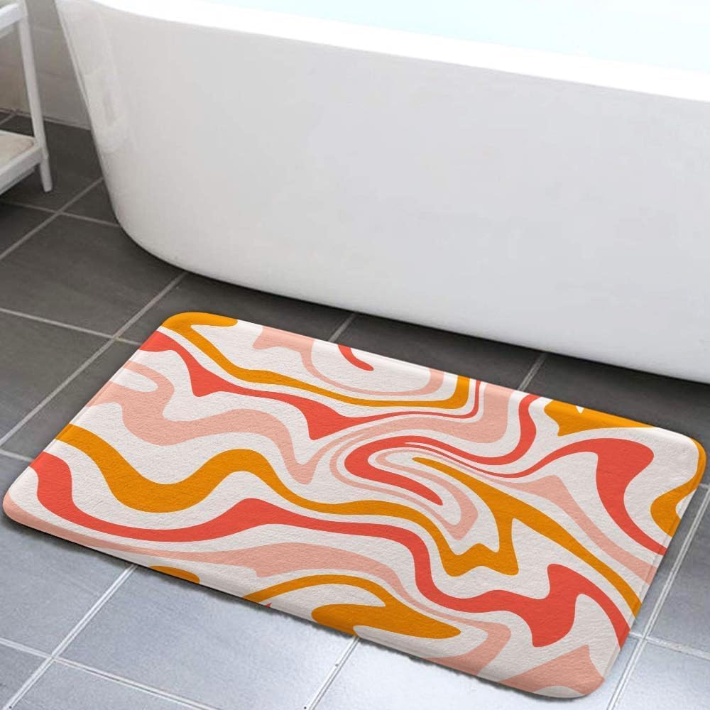70s Retro Wavy Bath Rug - Pink Orange Groovy Design 17x29in