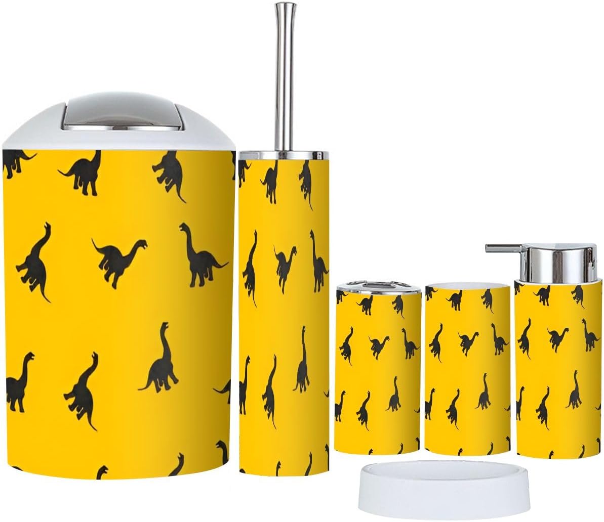 Boho Bathroom Accessory Set 6 Piece Black Dinosaur Yellow