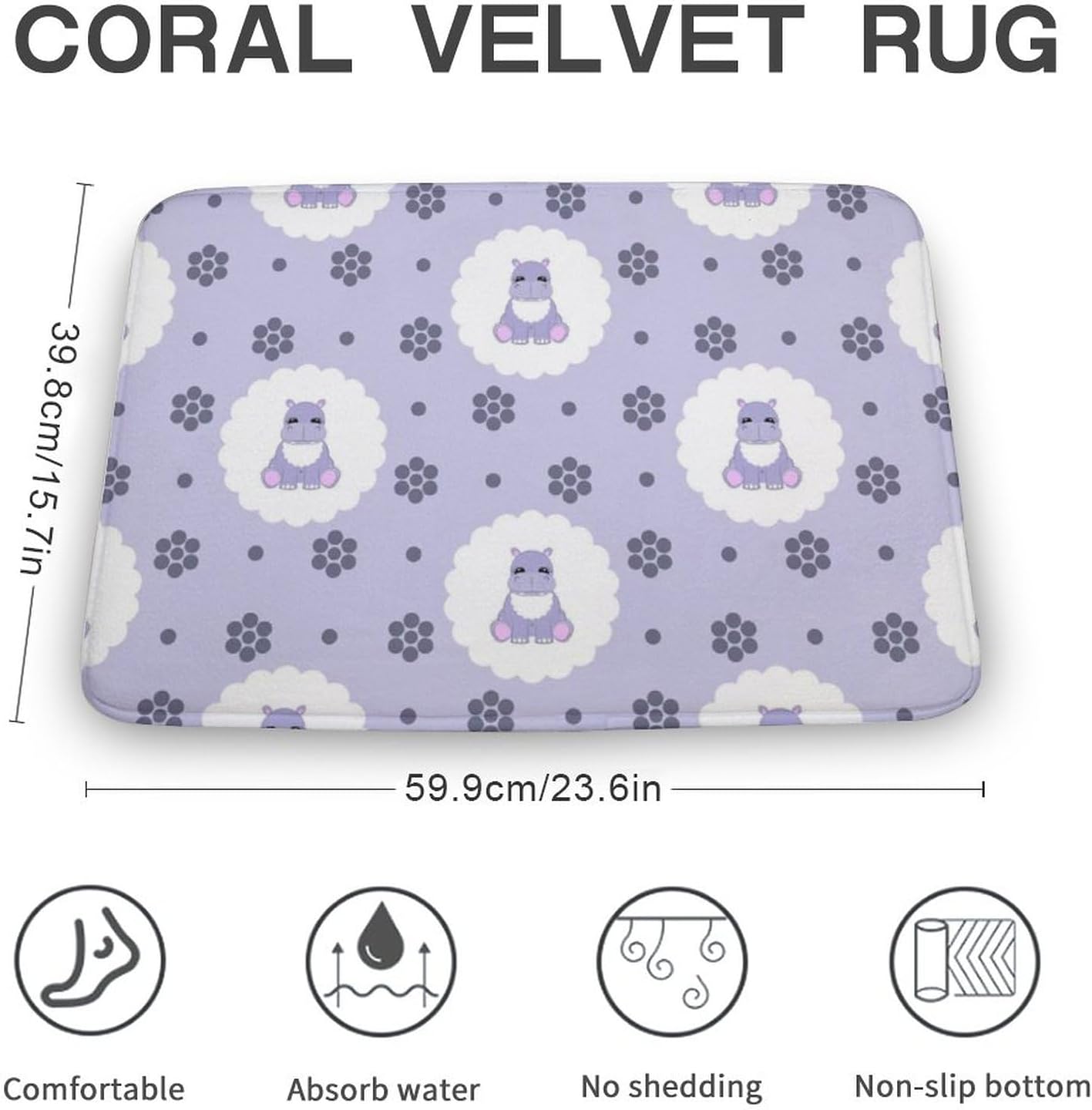 MZERSE Machine Washable Bath Mat with Cute Hippo Print Purple