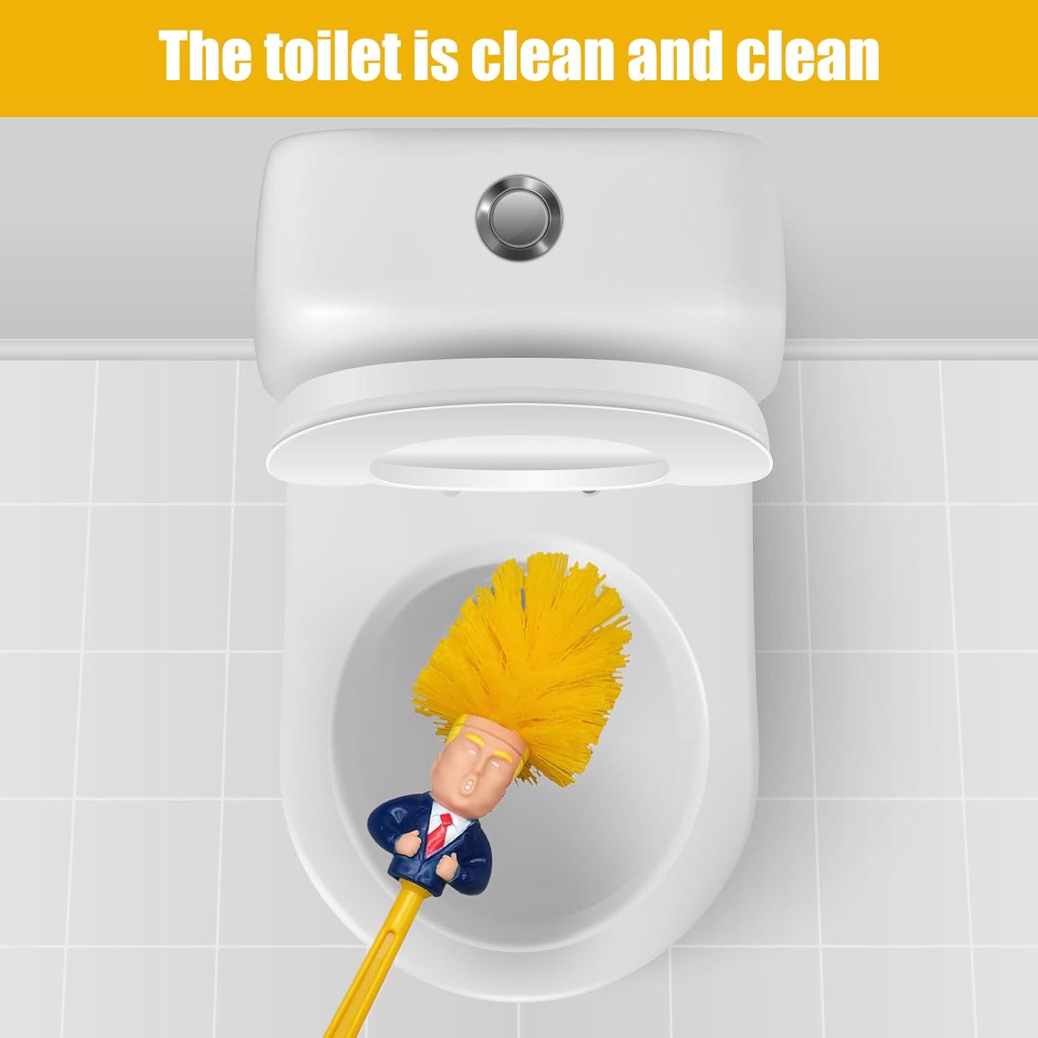 Donald Trump Toilet Brush with Holder Cleaning Set - Funny Bathroom Gift Yellow