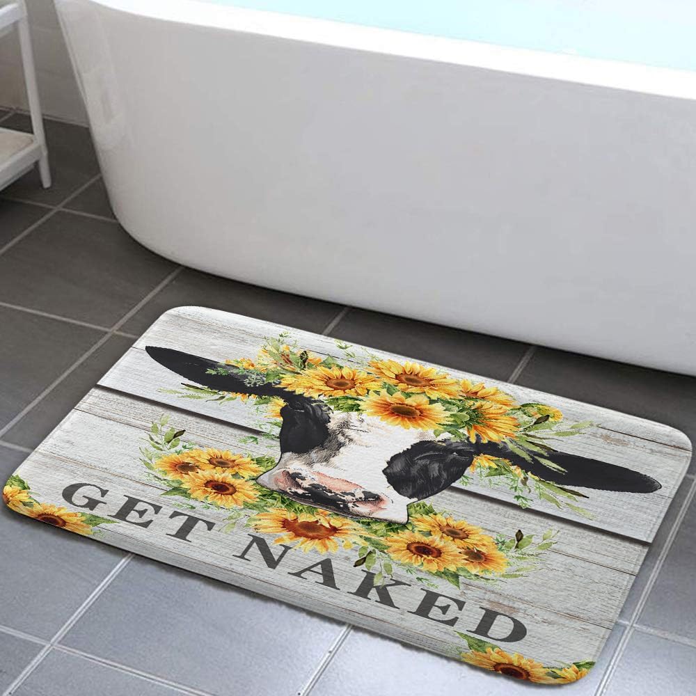 JAWO Farmhouse Wooden Cow Bath Rug Set - Rustic Sunflower Design