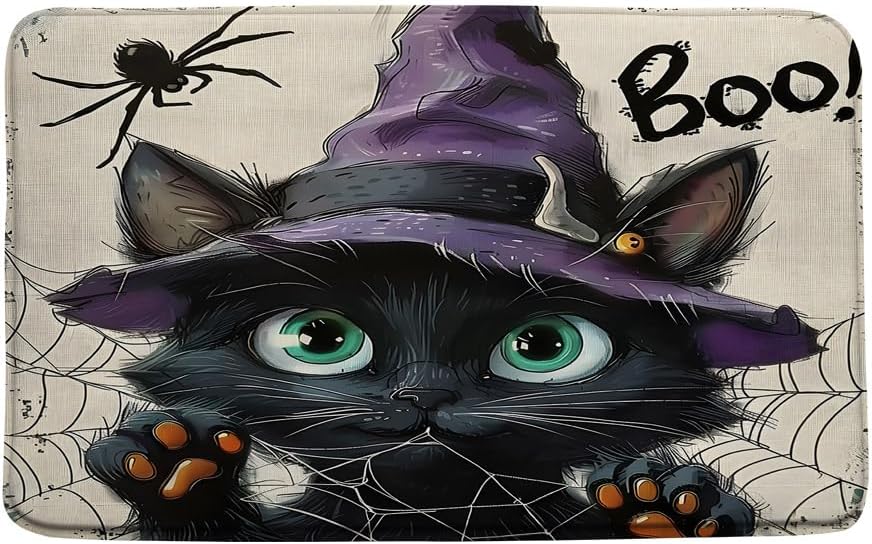 Halloween Cat Bath Mat with Spider Cobweb Design