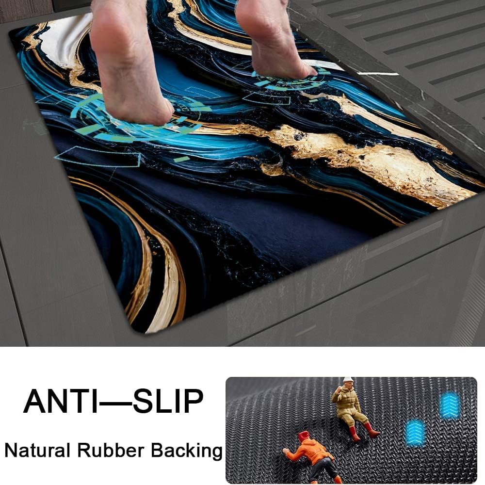 Blue Gold Liquid Marble Bath Mat Rug 16x24 Rectangle