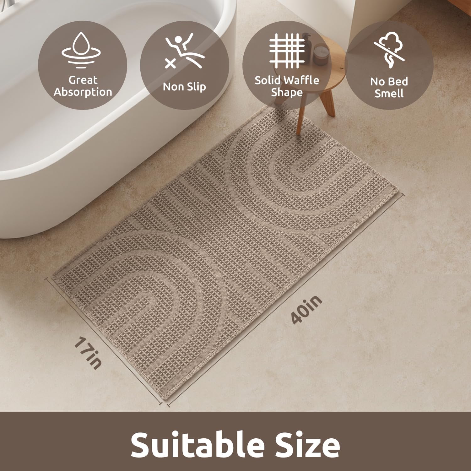 AMOAMI Waffle Bath Mat Non-Slip Absorbent Machine Washable Brown 17x40