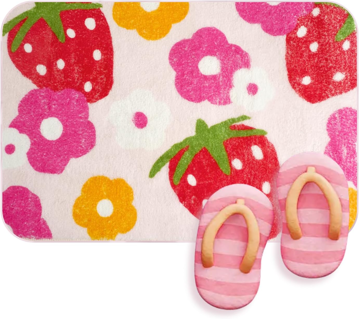 Cute Strawberry Flower Bath Mat Non-Slip Pink Bathroom Rug