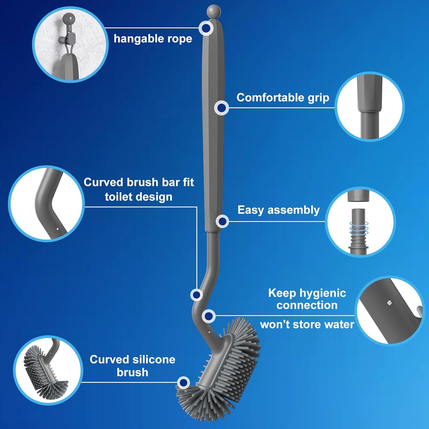 HAMITOR Toilet Brush Holder Set with Curved Bristles and Silicone Head