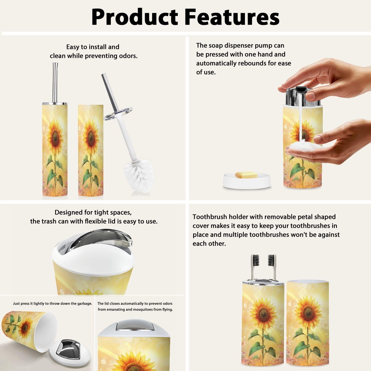 Boho Sunflower Bathroom Accessory Set 6 Piece 1