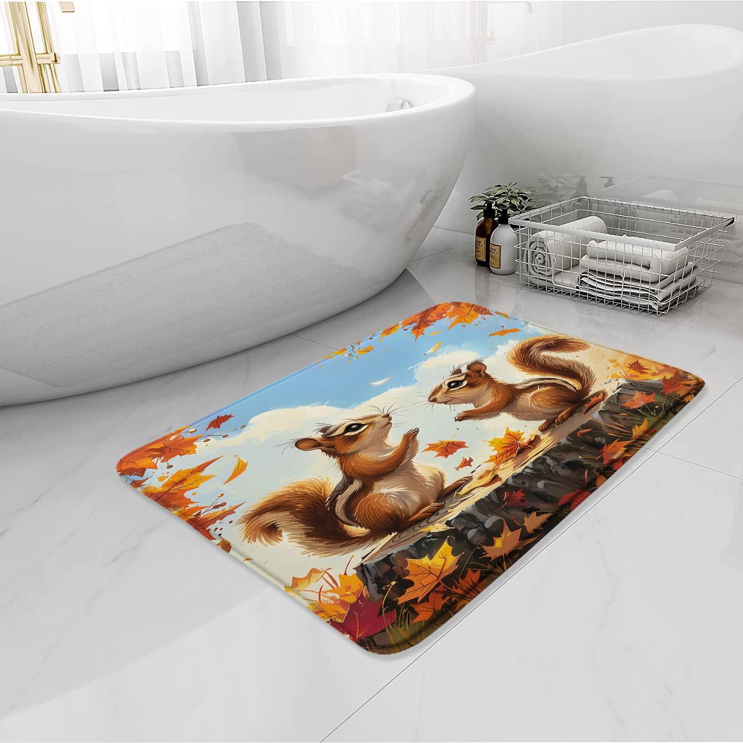 Fall Squirrel Bath Mat Autumn Maple Leaf Design