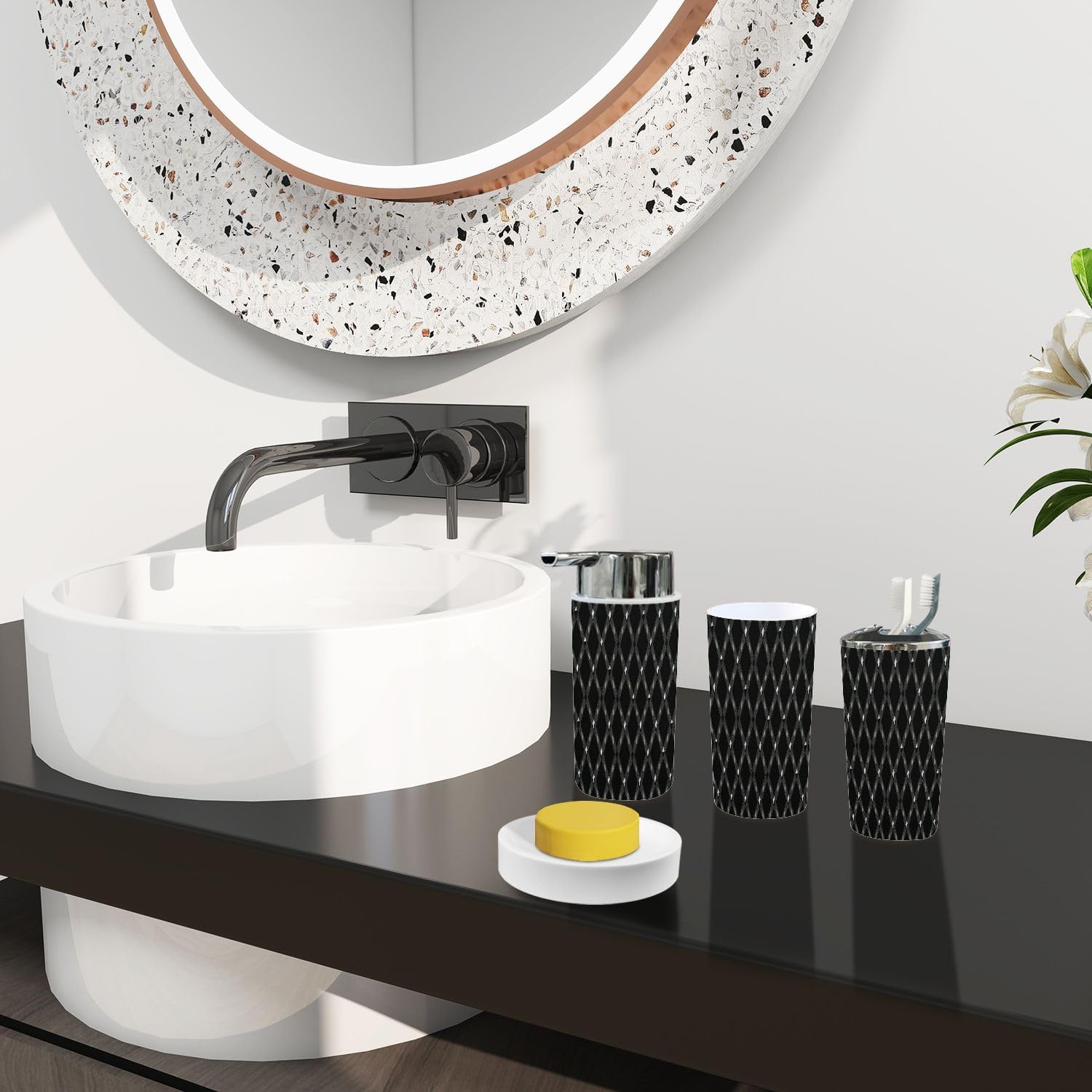 Boho Bathroom Accessory Set 6 Piece Gray Plaid
