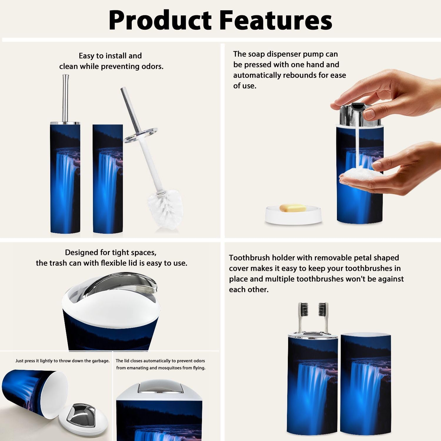 Boho Falls Bathroom Accessory Set 6 Piece Blue Light Rainbows