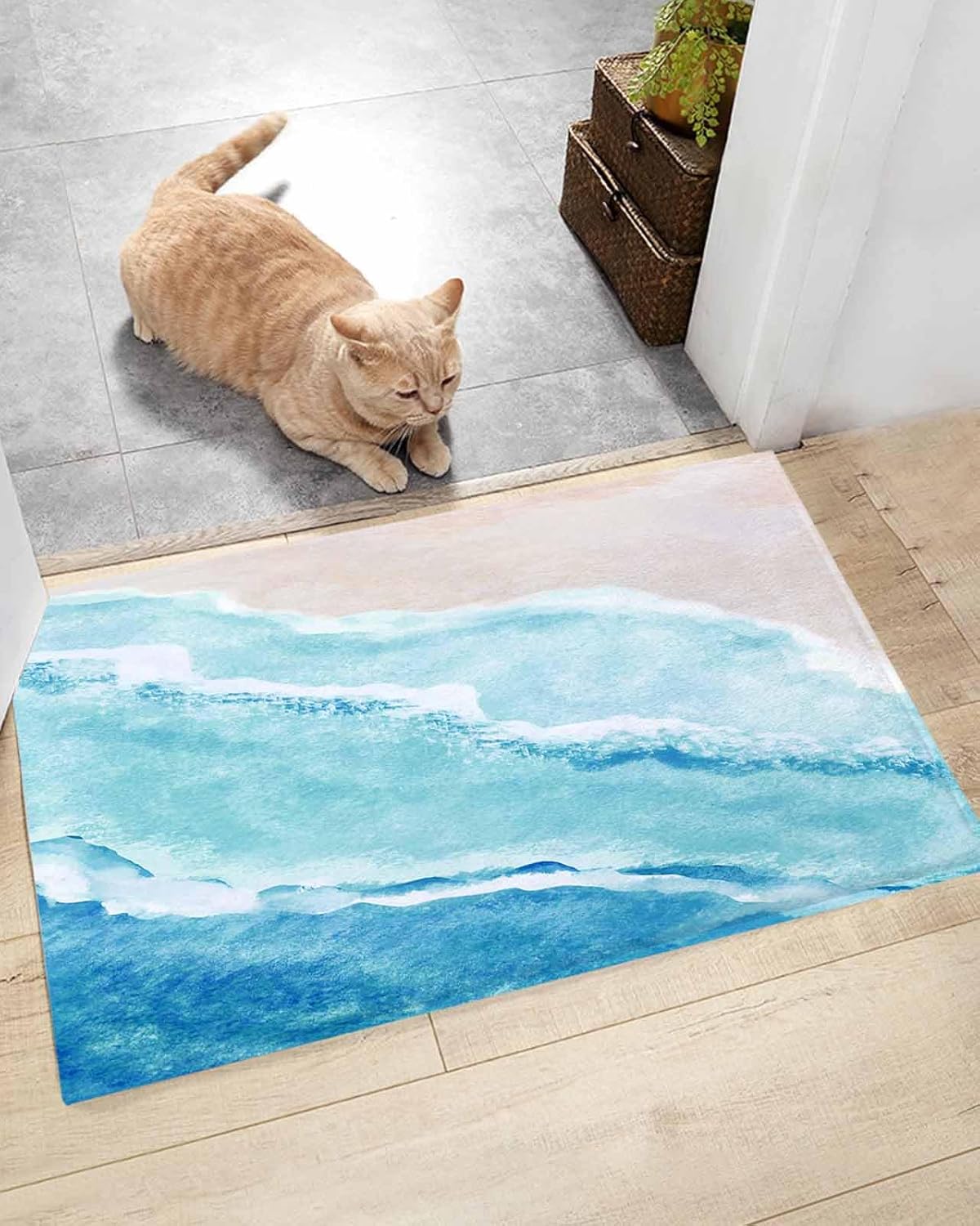 Summer Ocean Bath Rug - Blue Gradient Shaggy Non-Slip Floor Mat