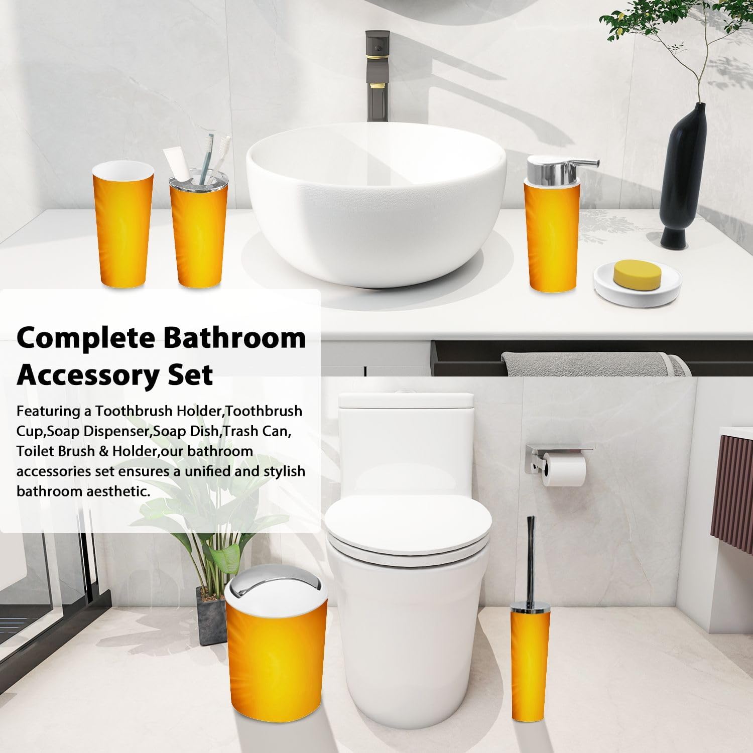 Boho Orange Bathroom Accessory Set of 6