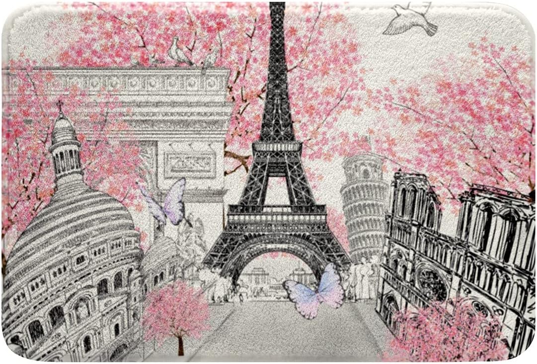 SGYDW Paris Themed Bath Rug 24x16 Inches Pink Cherry Blossom
