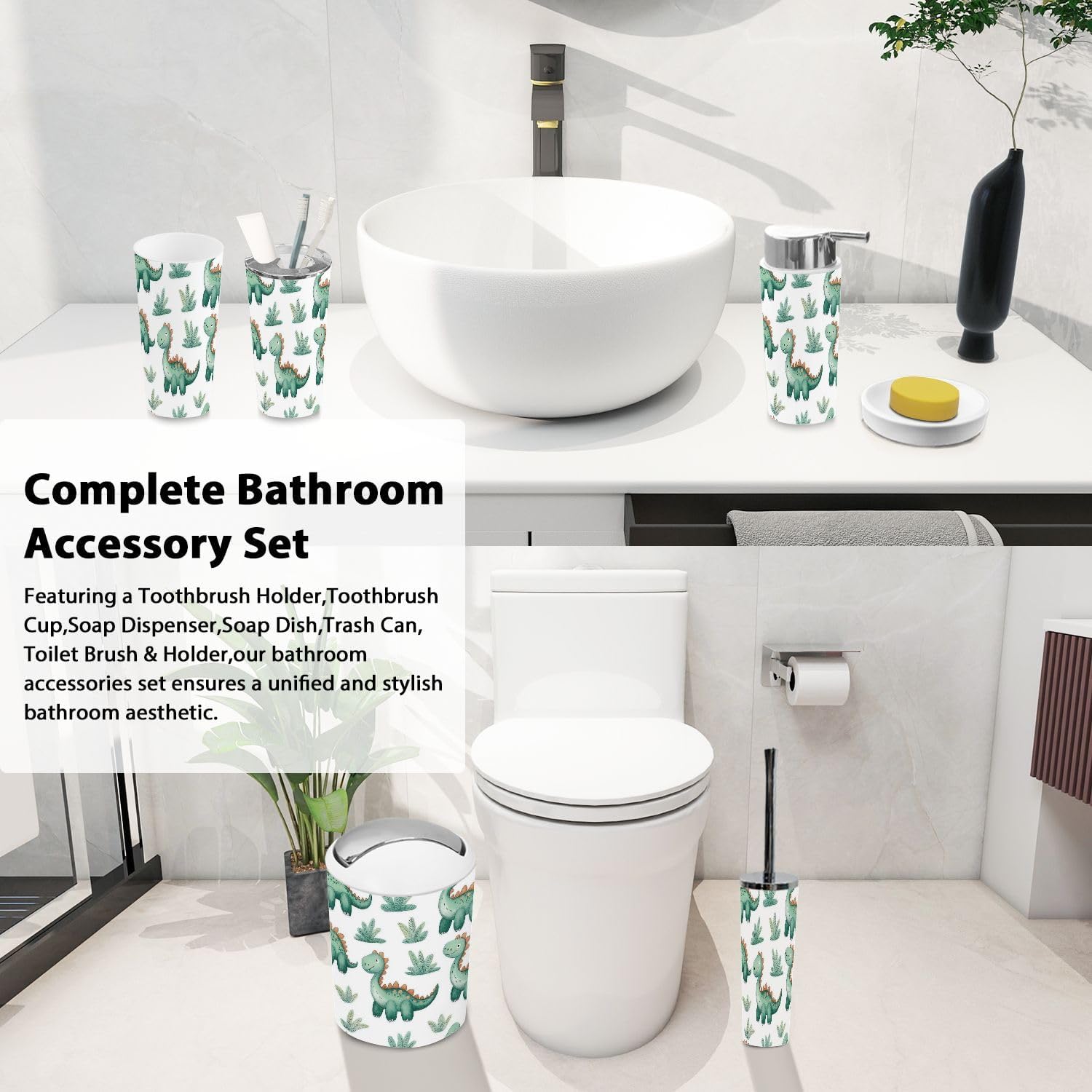 Boho Cartoon Dinosaur Bathroom Accessories Set 6 Piece