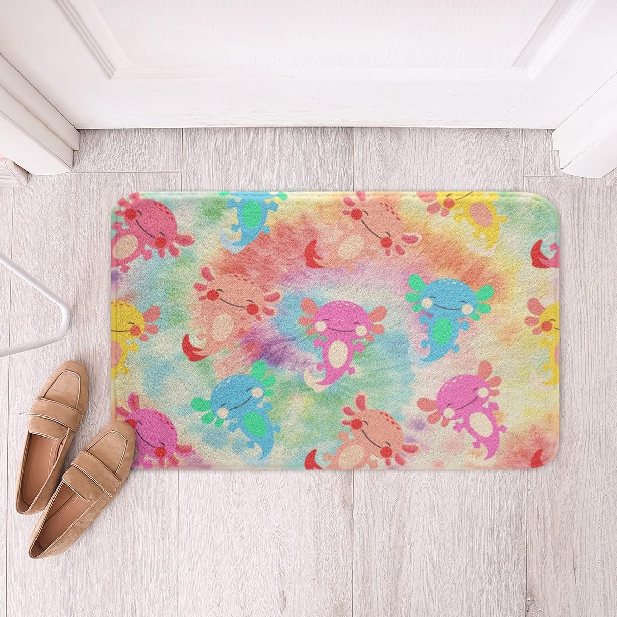 Kawaii Axolotl Bath Mat with Pink White Stripes and Gold Sequin Hearts