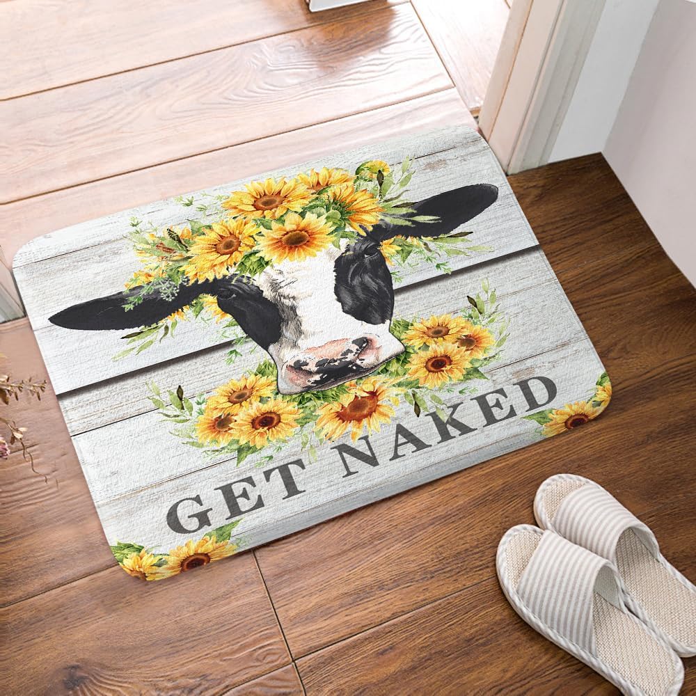 JAWO Farmhouse Wooden Cow Bath Rug Set - Rustic Sunflower Design