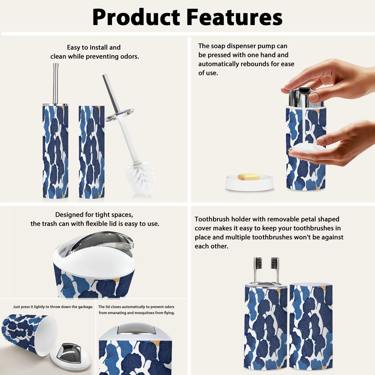 Boho Ginkgo Leaf Bathroom Accessory Set 6 Piece