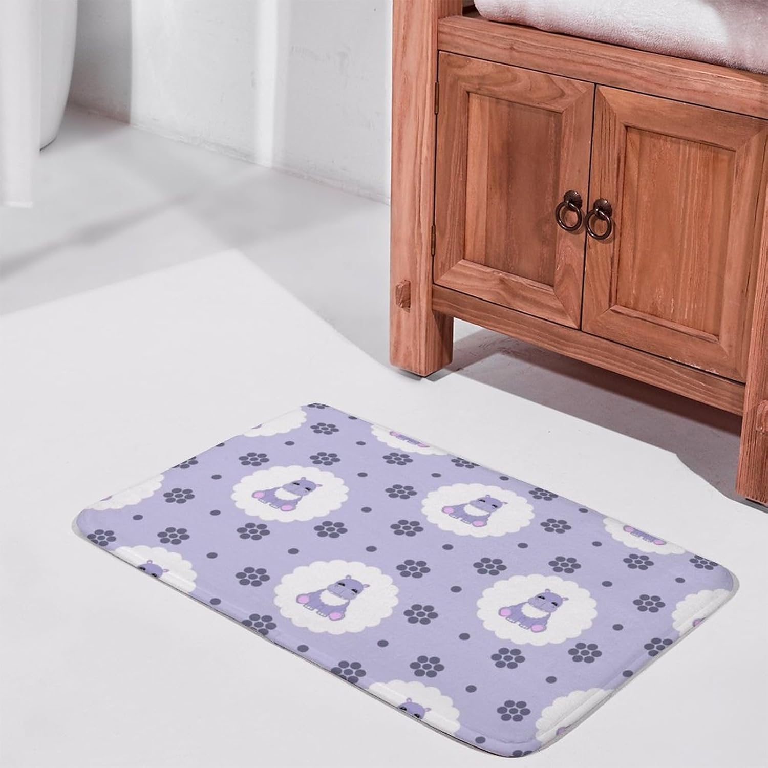 MZERSE Machine Washable Bath Mat with Cute Hippo Print Purple