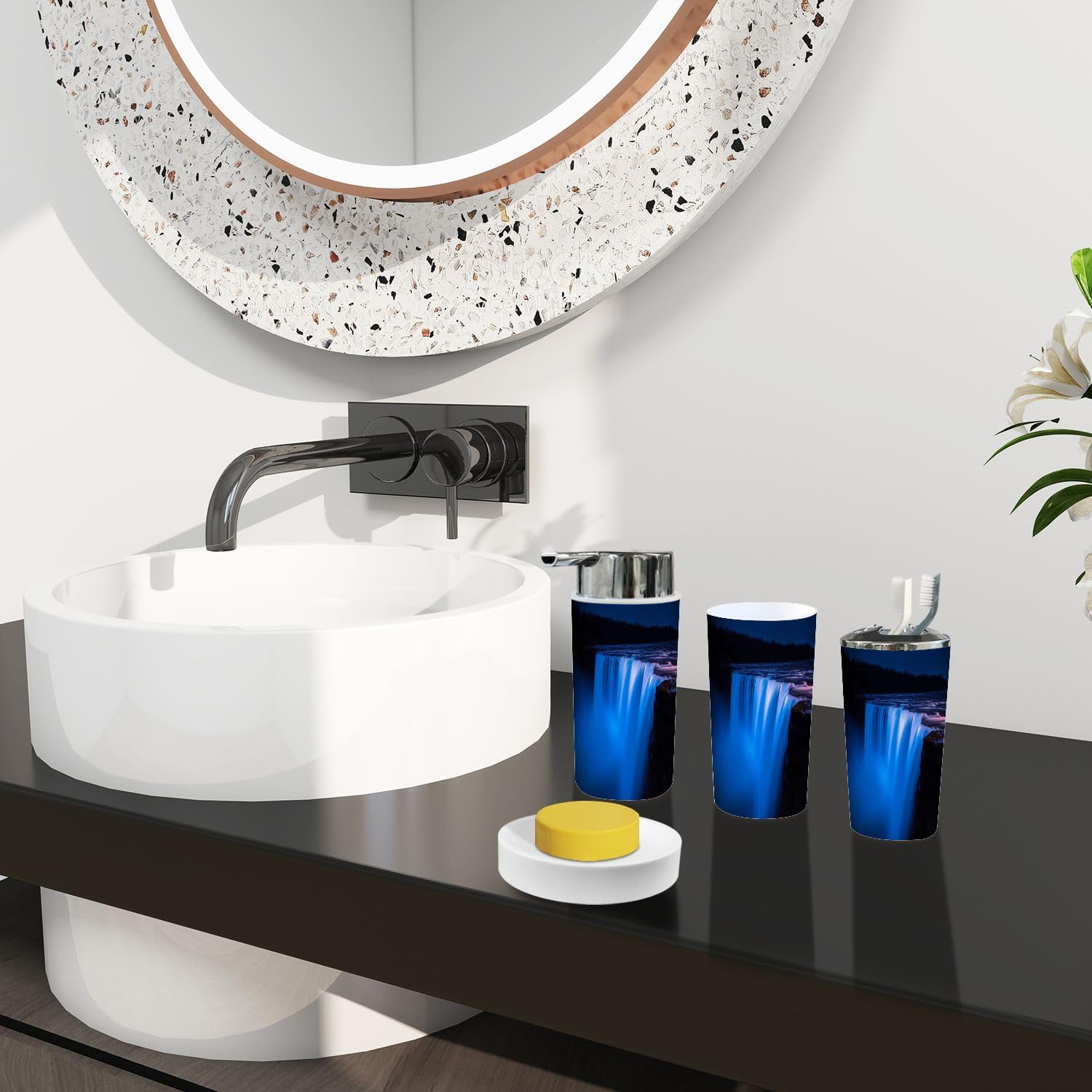 Boho Falls Bathroom Accessory Set 6 Piece Blue Light Rainbows
