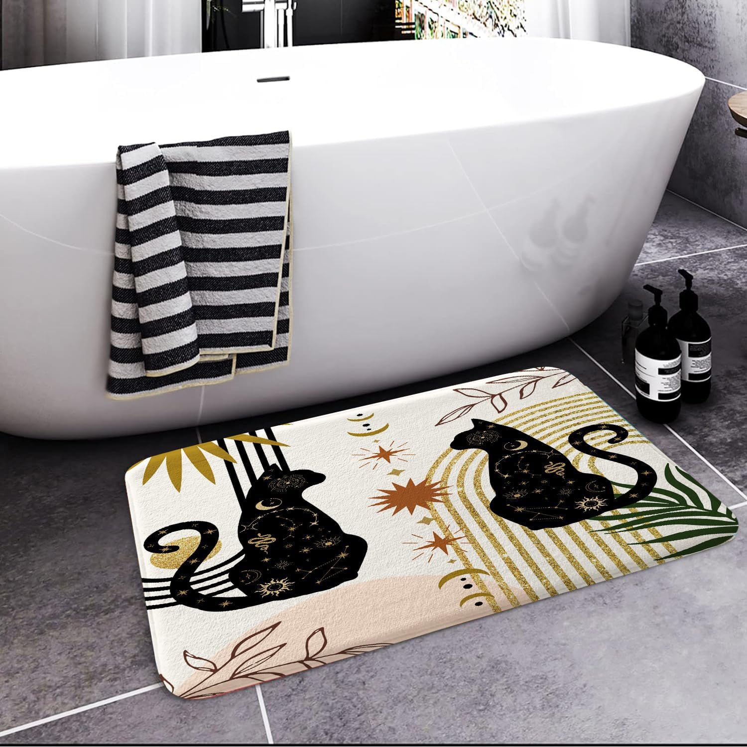 JAWO Boho Black Cat Bath Rug Non Slip 16x24
