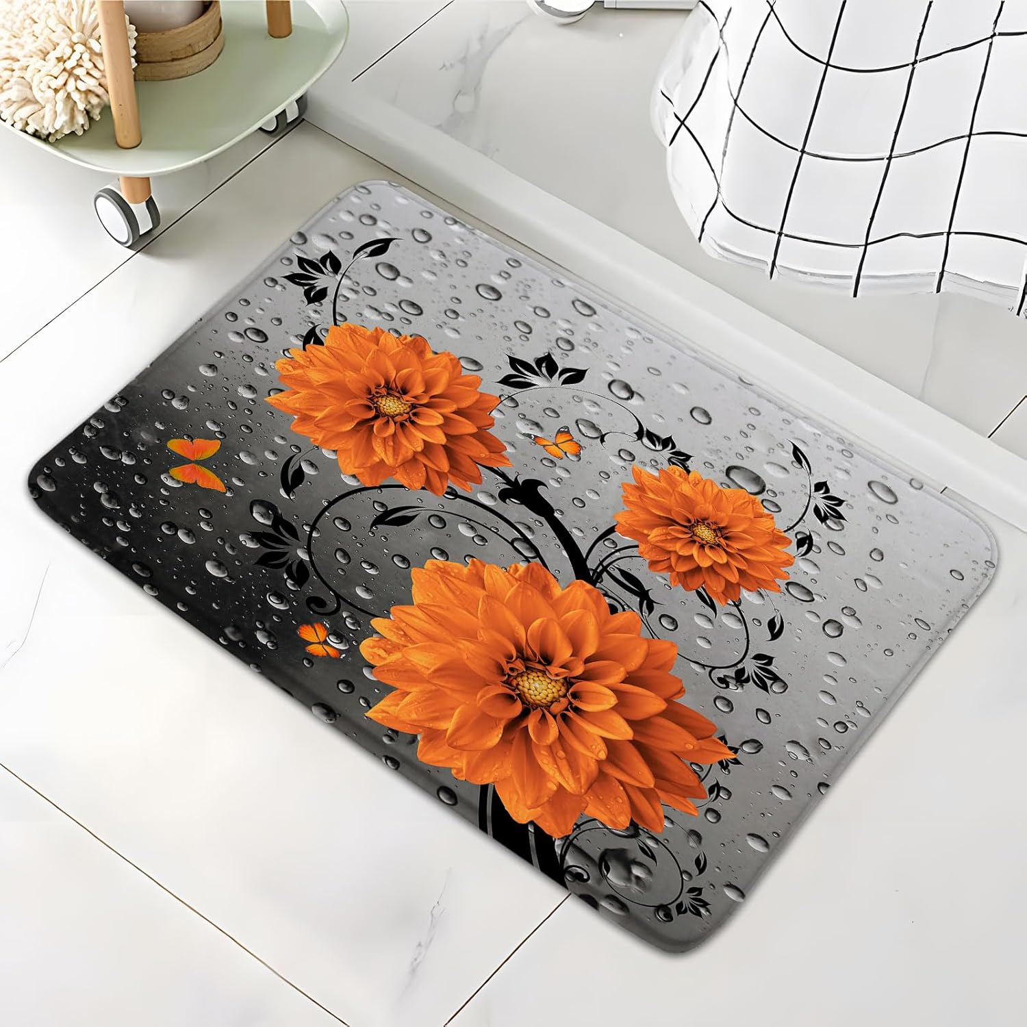 Orange Dahlia Floral Bath Mat with Butterfly Design