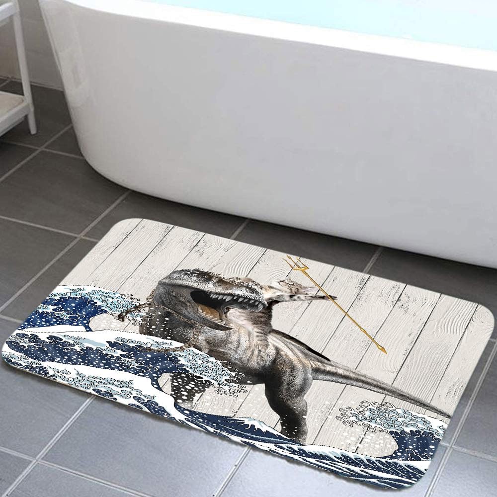 Funny Cat Bathroom Rugs Non-Slip Dinosaur Mat Japanese Wave Design