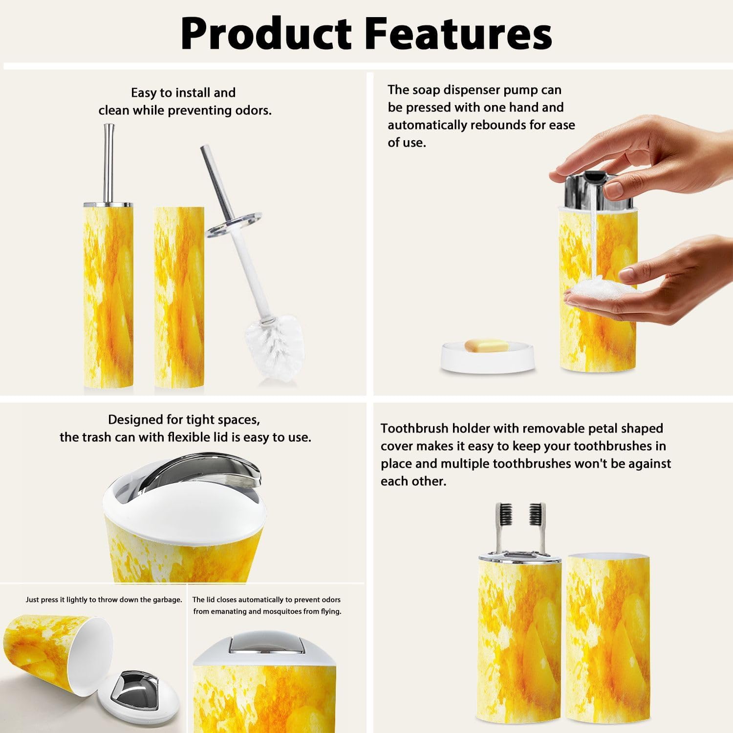 Boho 6-Piece Bathroom Accessory Set in Lemon Yellow and White