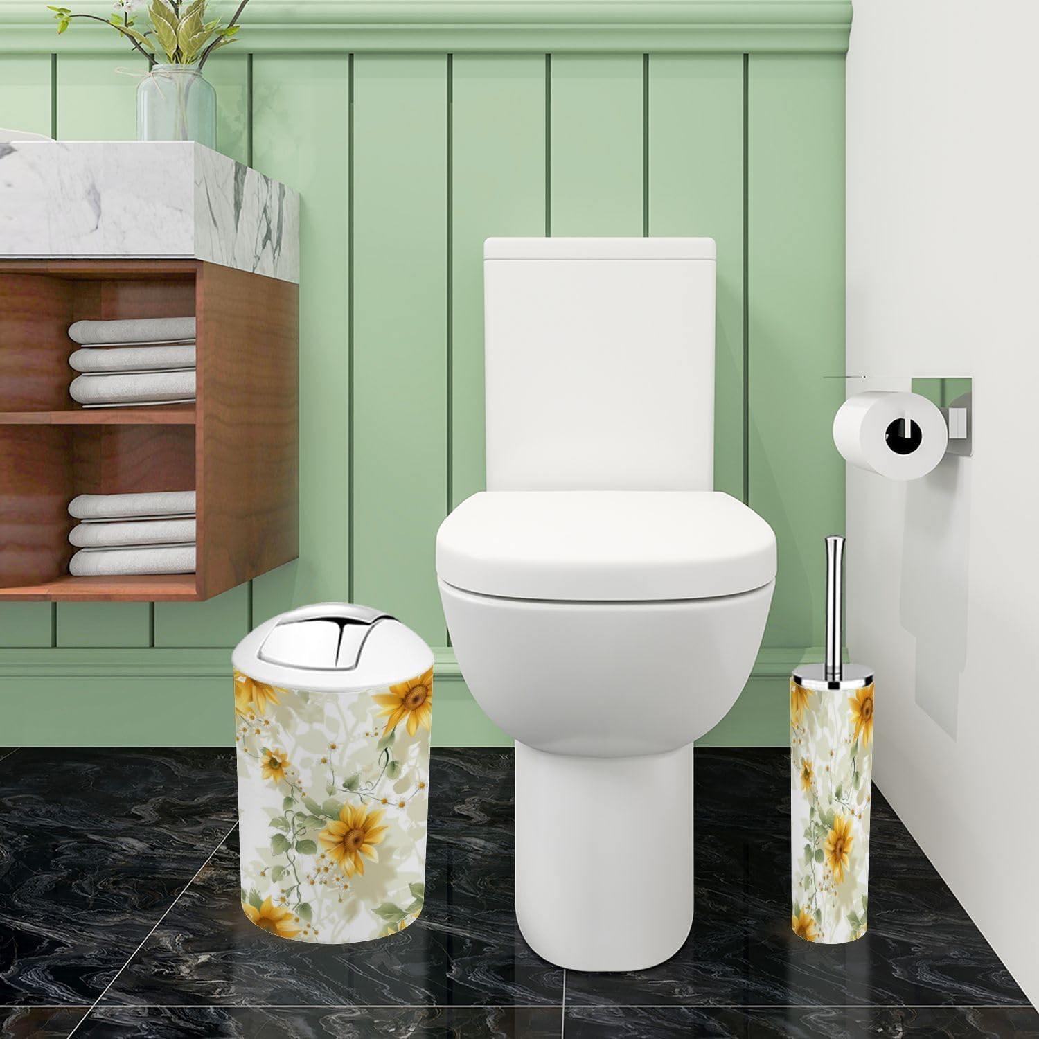 Boho Bathroom Accessory Set 6 Piece with Sunflowers Vines Daisies