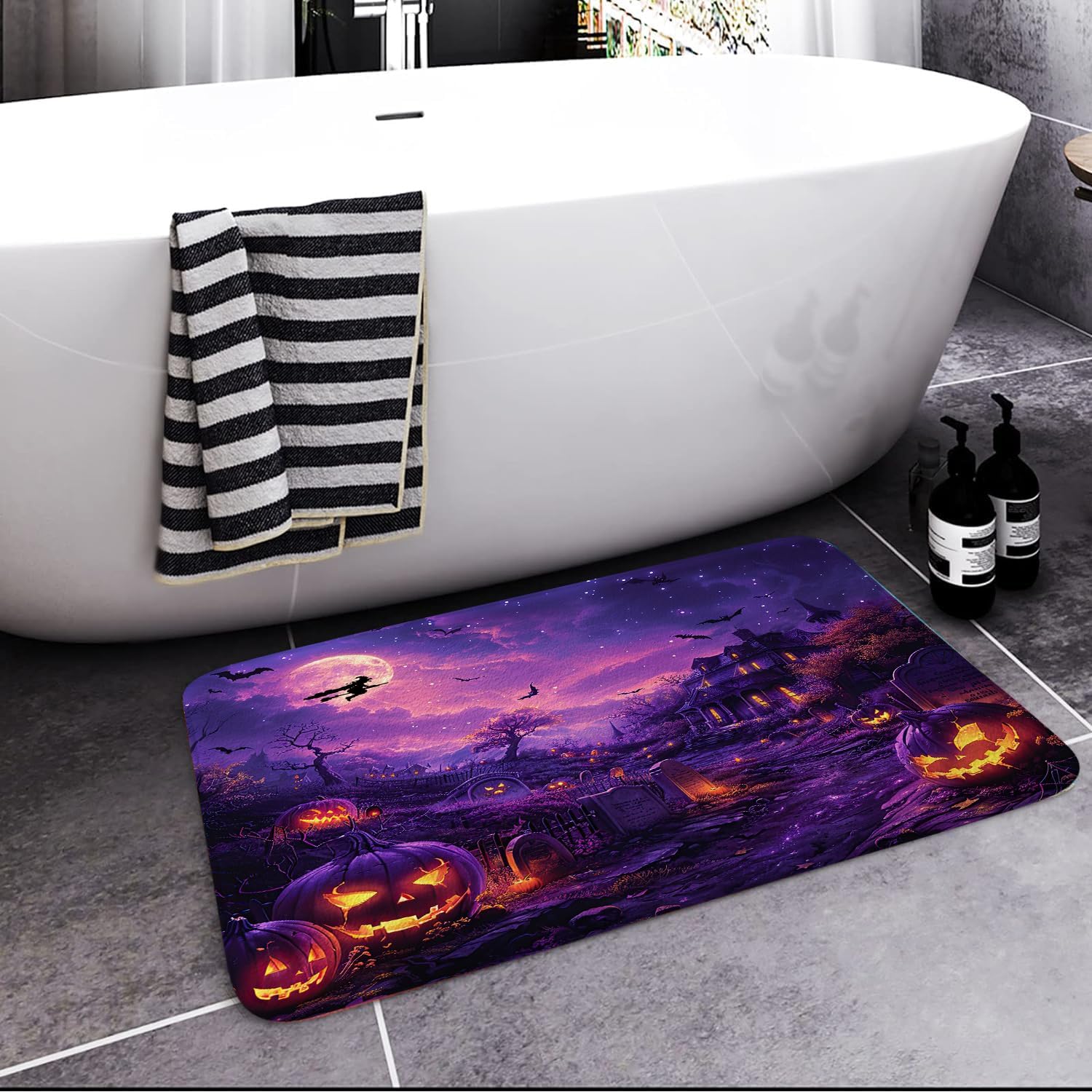 JAWO Halloween Bath Rug Full Moon Themed Non-Slip