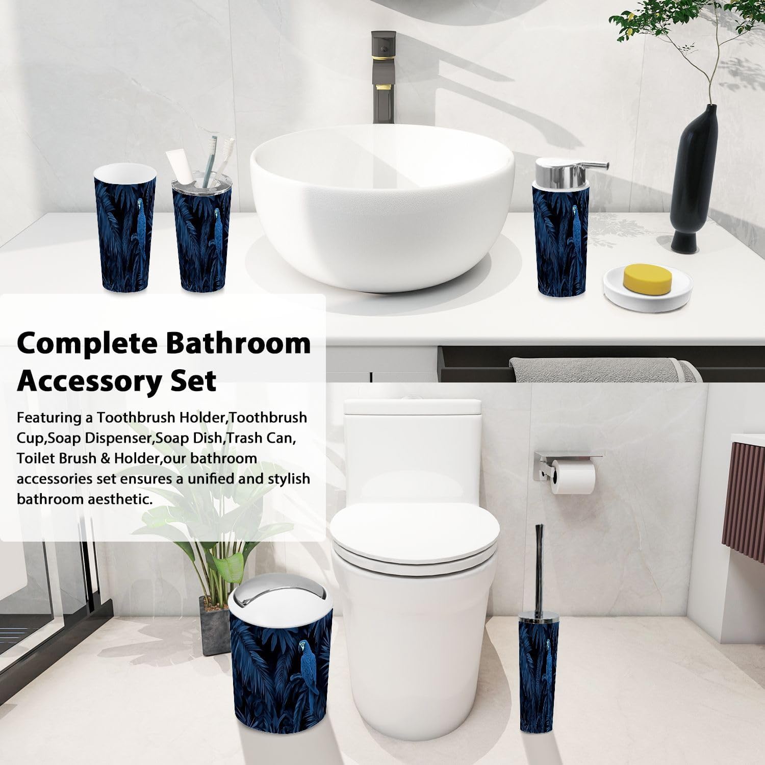Boho Dark Blue Bathroom Accessory Set 6 Piece