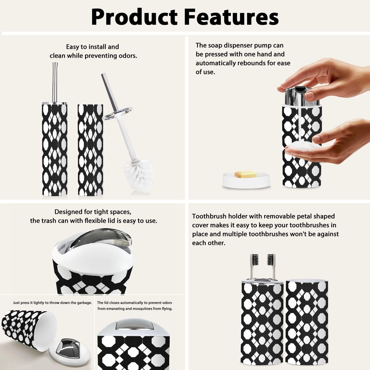 Boho Bathroom Accessory Set 6 Piece Black White Rhombuses 1