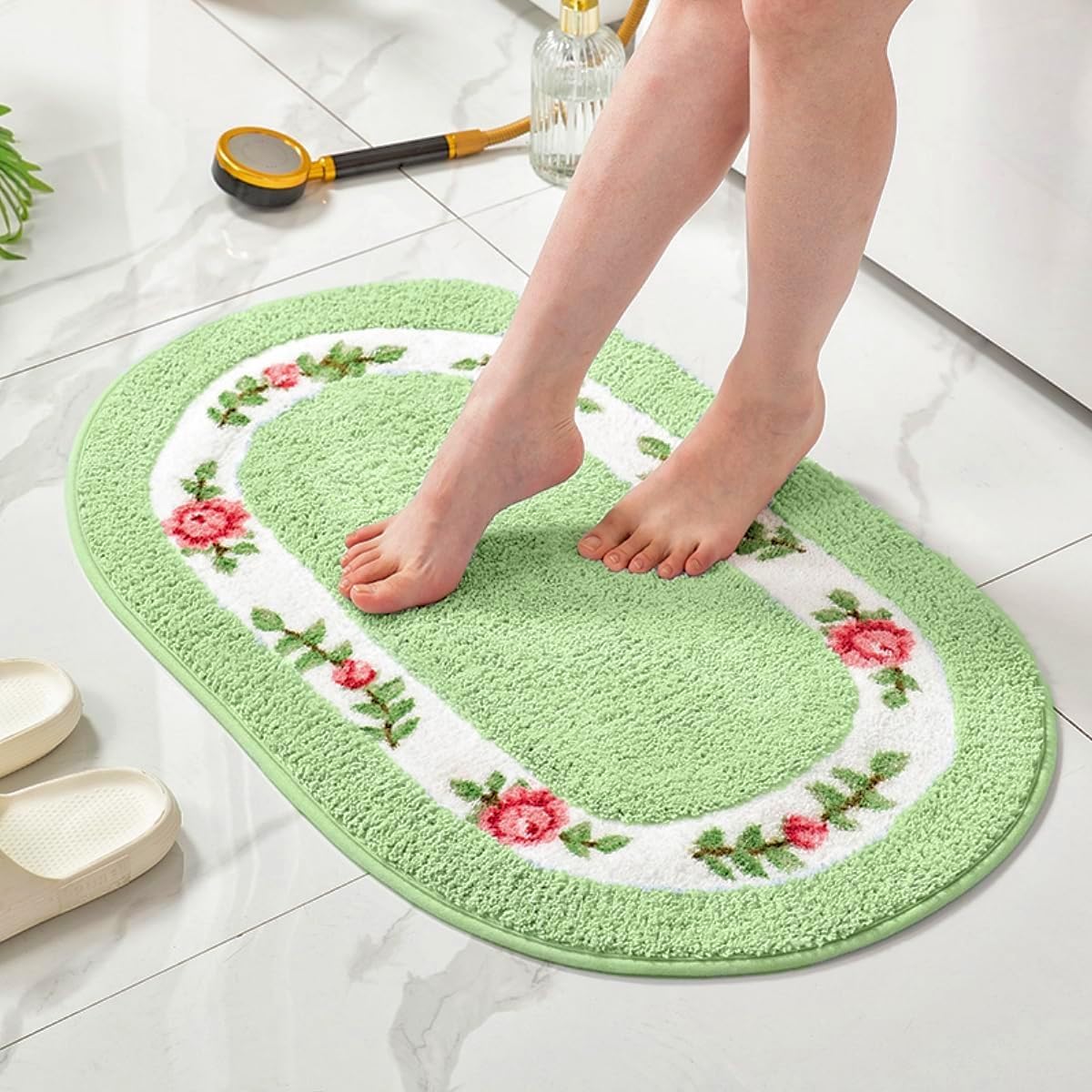 QMEAKMONY Rose Flower Shaggy Bath Mat Green 16x24 in