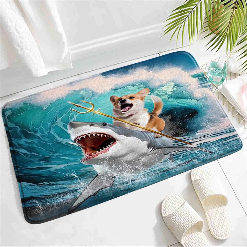 Funny Dog Bath Mat with Shark Ride Design