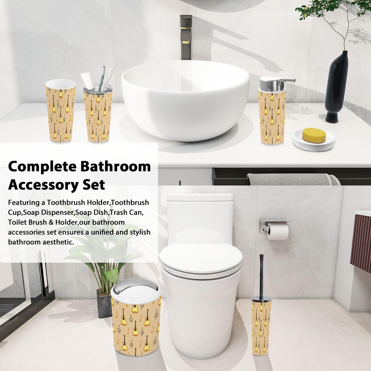 TRANQDEHOM 6-Piece Boho Musical Bathroom Accessory Set