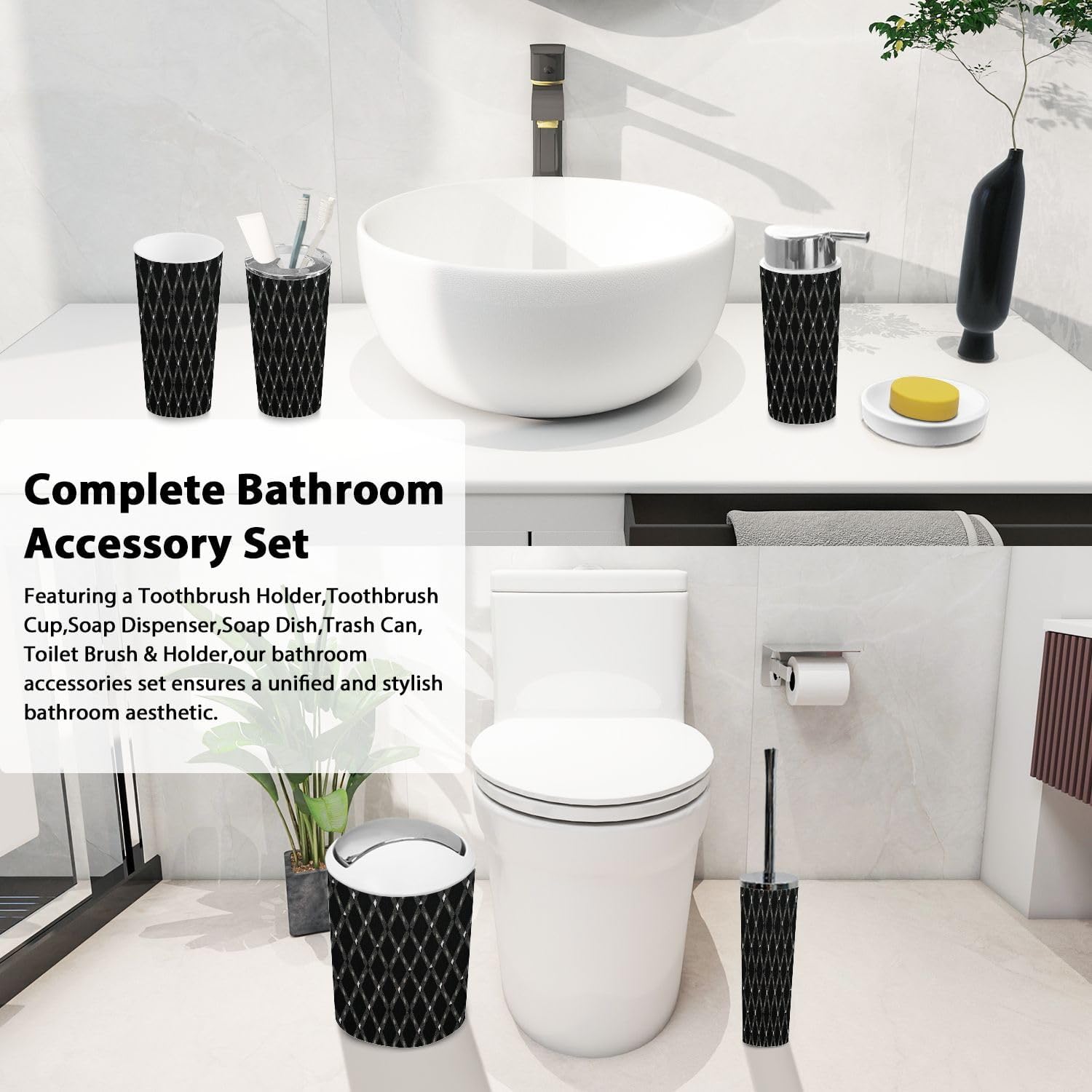Boho Bathroom Accessory Set 6 Piece Gray Plaid