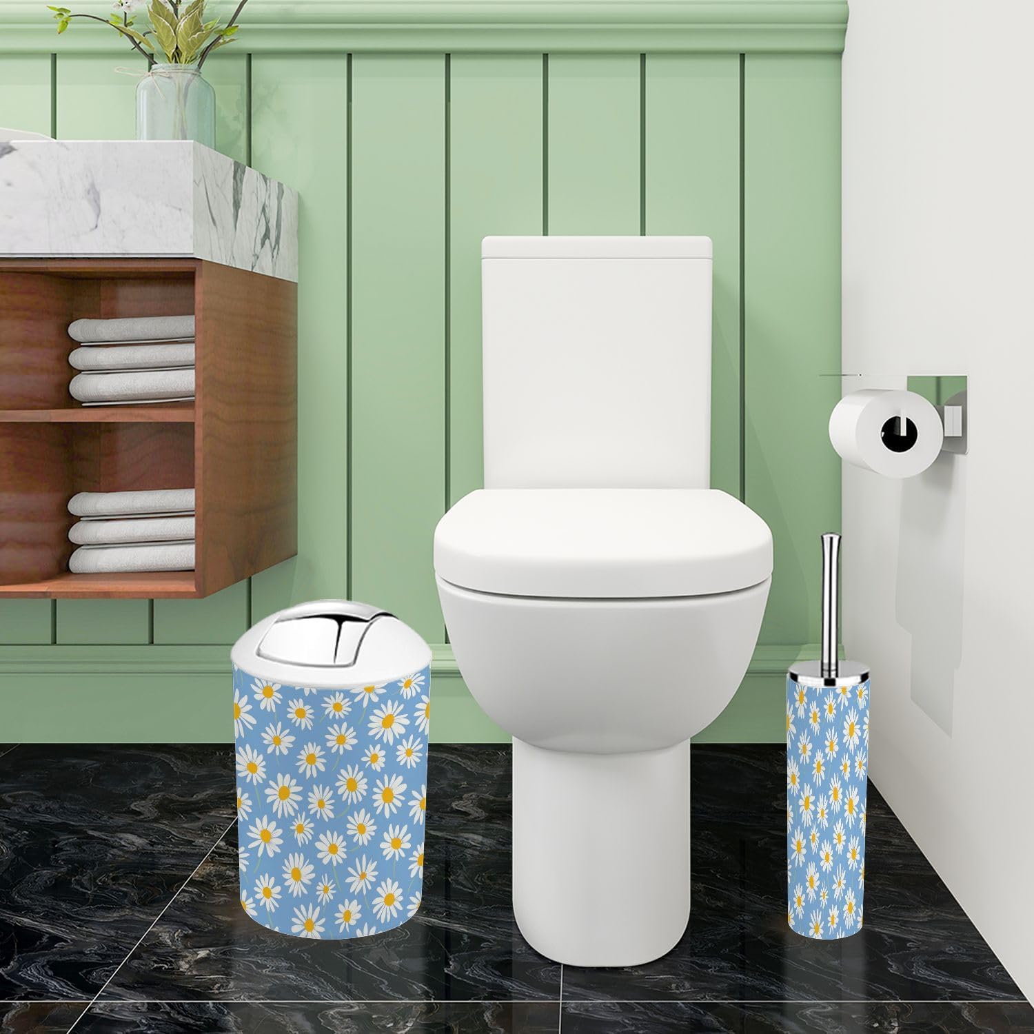 TRANQDEHOM 6-Piece Bathroom Accessory Set with Boho Daisy Flower Design