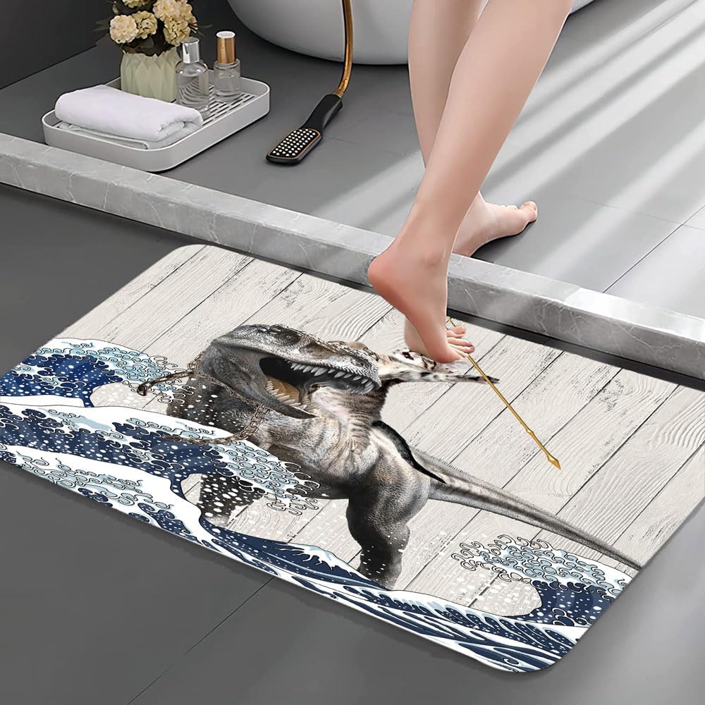 Funny Cat Bathroom Rugs Non-Slip Dinosaur Mat Japanese Wave Design